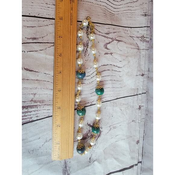 Gold Tone Faux Pear and Green/blue Beads Necklace Bracelet Set - Picture 7 of 8